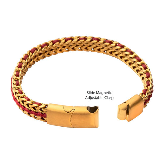 Men’s Matte Finish Gold IP Stainless Steel Foxtail Chain Bracelet with Red Wax Cord and Slide Magnetic Clasp