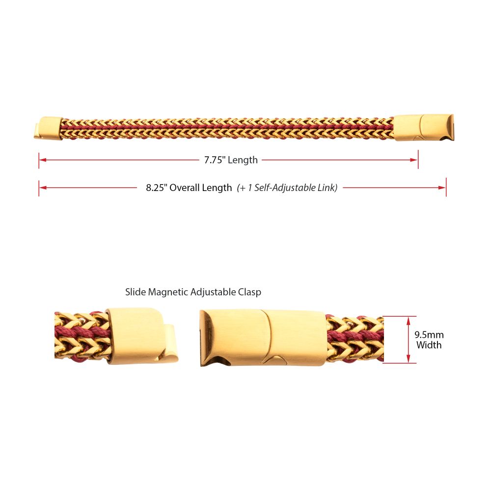 Men’s Matte Finish Gold IP Stainless Steel Foxtail Chain Bracelet with Red Wax Cord and Slide Magnetic Clasp