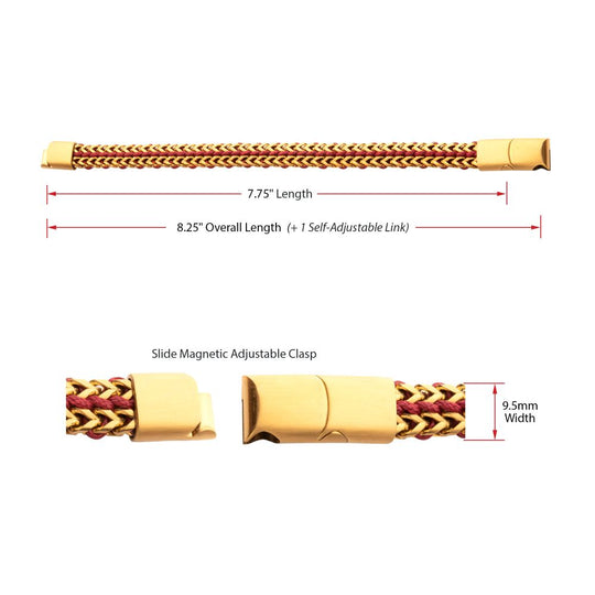 Men’s Matte Finish Gold IP Stainless Steel Foxtail Chain Bracelet with Red Wax Cord and Slide Magnetic Clasp
