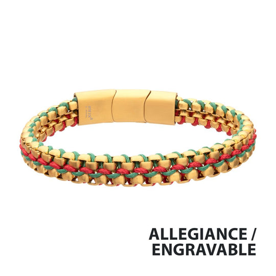 Men's Matte Gold Stainless Steel Box Chain Bracelet – Red & Green Wax Cord