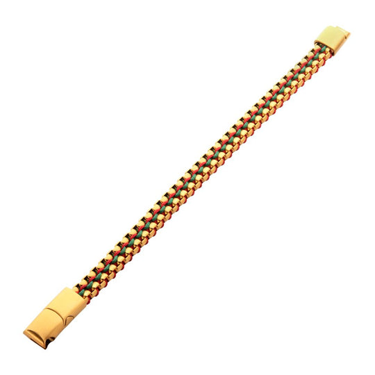 Men's Matte Gold Stainless Steel Box Chain Bracelet – Red & Green Wax Cord