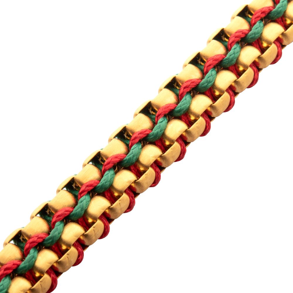 Men's Matte Gold Stainless Steel Box Chain Bracelet – Red & Green Wax Cord