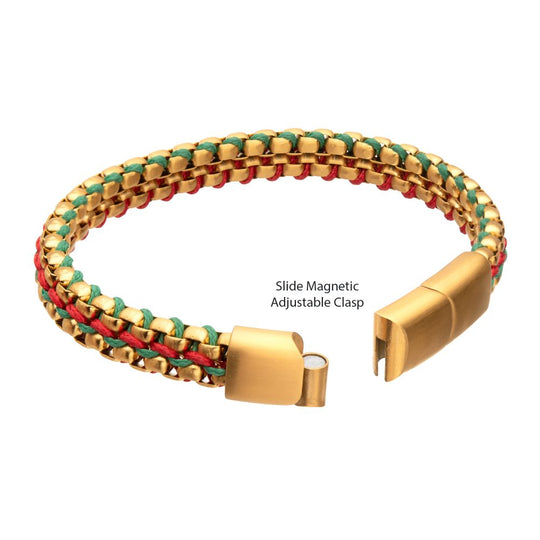 Men's Matte Gold Stainless Steel Box Chain Bracelet – Red & Green Wax Cord