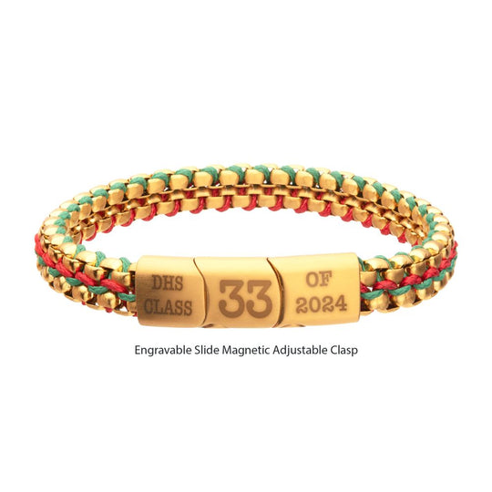 Men's Matte Gold Stainless Steel Box Chain Bracelet – Red & Green Wax Cord