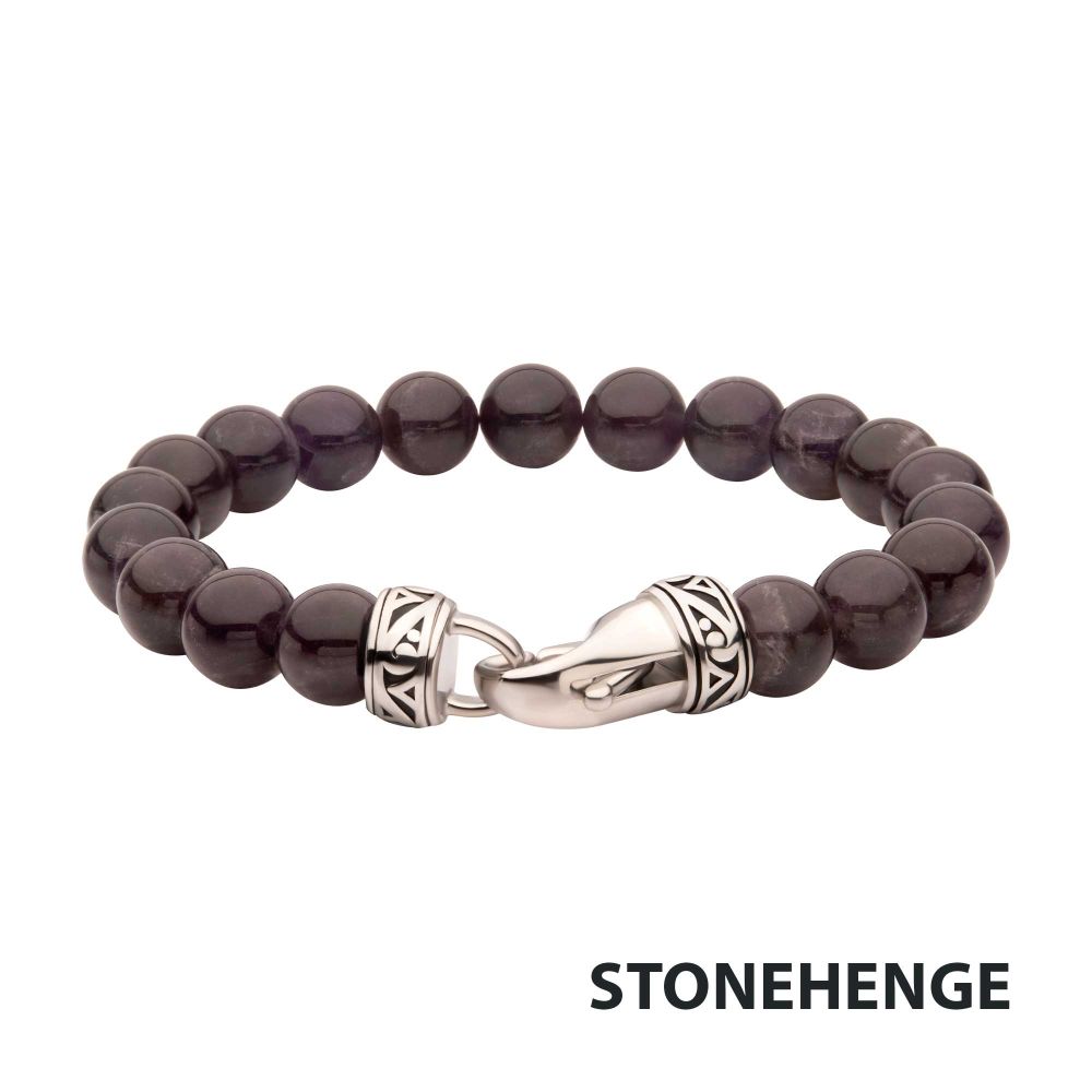 Men’s 10mm Amethyst Stone Bead Bracelet with Antiqued Stainless Steel Clasp