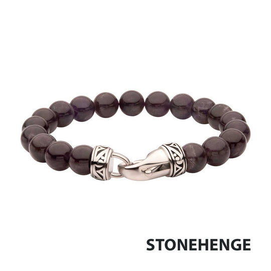 Men’s 10mm Amethyst Stone Bead Bracelet with Antiqued Stainless Steel Clasp