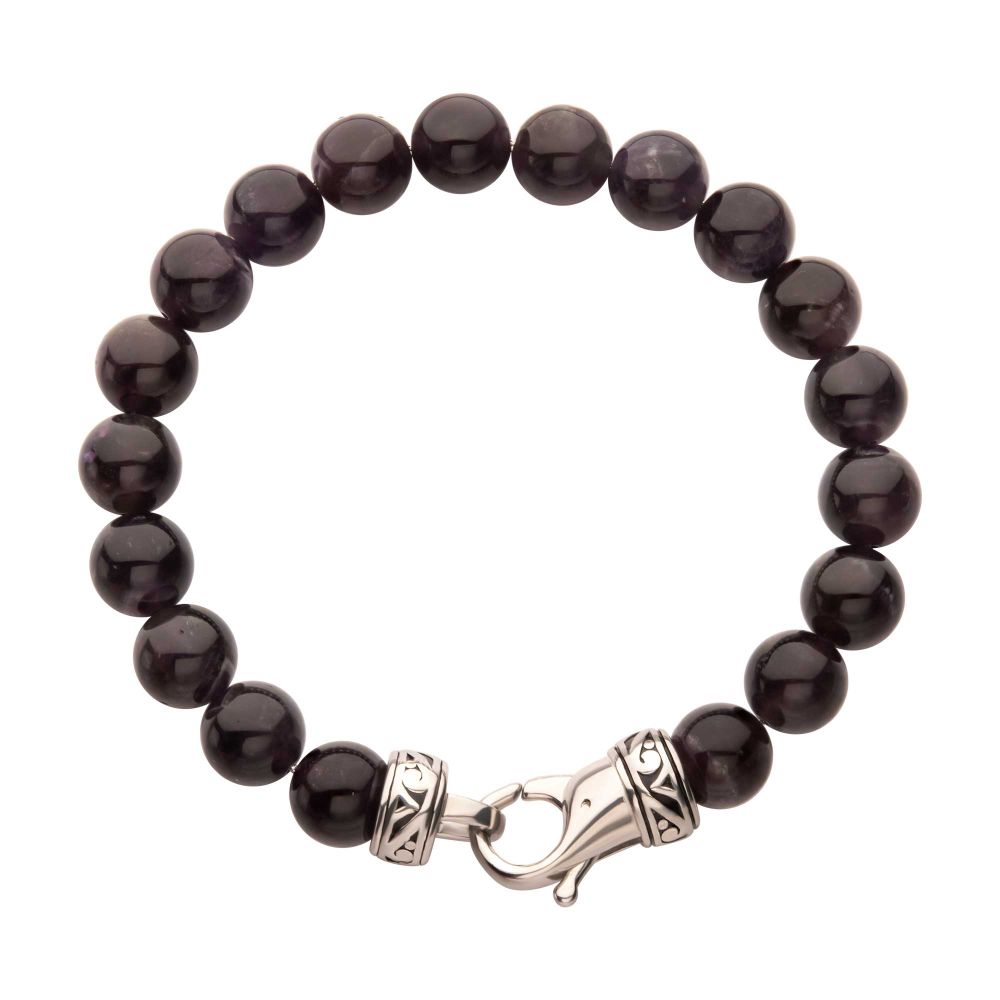Men’s 10mm Amethyst Stone Bead Bracelet with Antiqued Stainless Steel Clasp