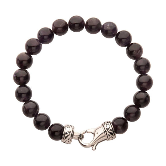 Men’s 10mm Amethyst Stone Bead Bracelet with Antiqued Stainless Steel Clasp