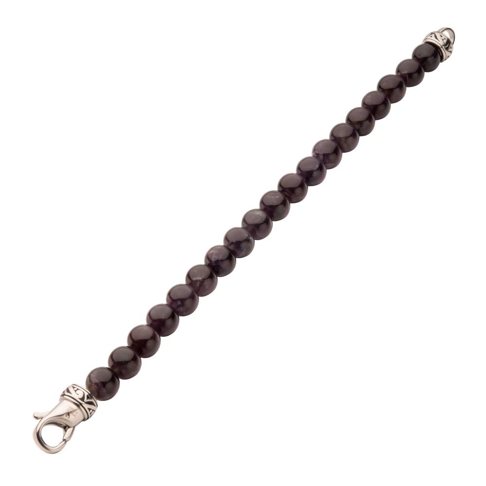 Men’s 10mm Amethyst Stone Bead Bracelet with Antiqued Stainless Steel Clasp