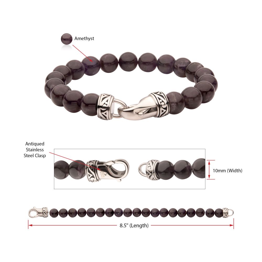 Men’s 10mm Amethyst Stone Bead Bracelet with Antiqued Stainless Steel Clasp