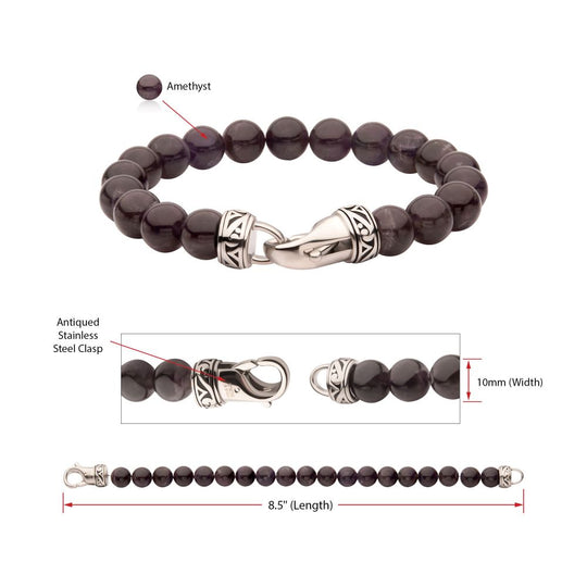 Men’s 10mm Amethyst Stone Bead Bracelet with Antiqued Stainless Steel Clasp