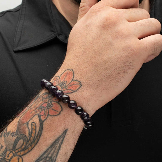 Men’s 10mm Amethyst Stone Bead Bracelet with Antiqued Stainless Steel Clasp