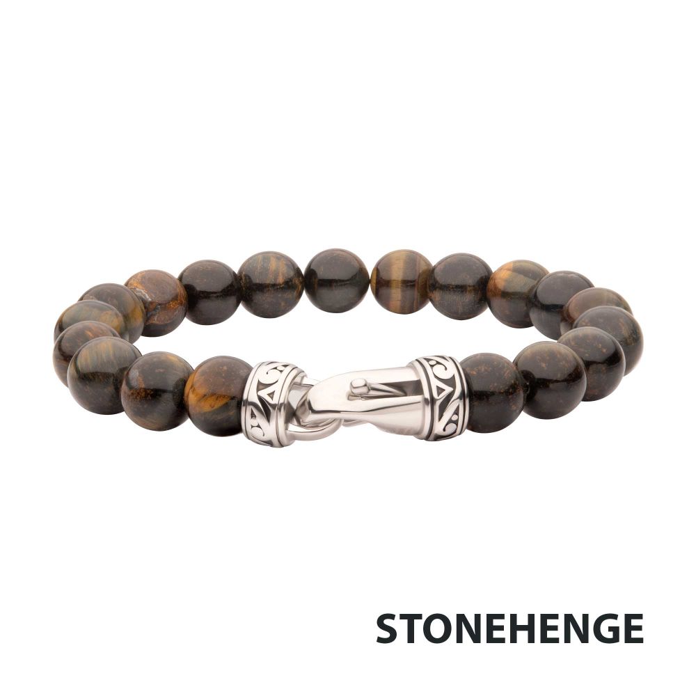 Men’s 10mm Tiger Eye Stone Bead Bracelet with Antiqued Stainless Steel Clasp