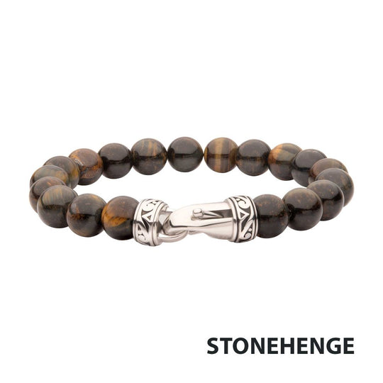 Men’s 10mm Tiger Eye Stone Bead Bracelet with Antiqued Stainless Steel Clasp