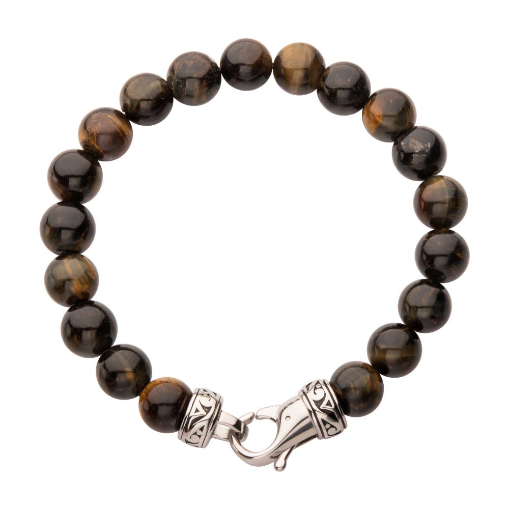 Men’s 10mm Tiger Eye Stone Bead Bracelet with Antiqued Stainless Steel Clasp
