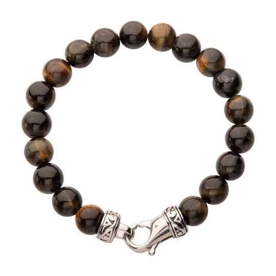 Men’s 10mm Tiger Eye Stone Bead Bracelet with Antiqued Stainless Steel Clasp