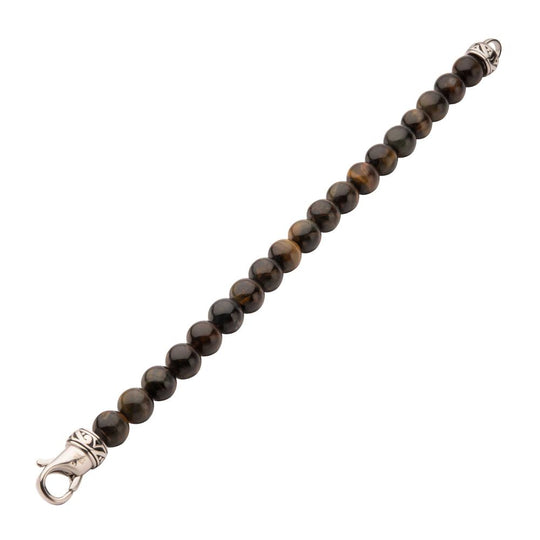 Men’s 10mm Tiger Eye Stone Bead Bracelet with Antiqued Stainless Steel Clasp