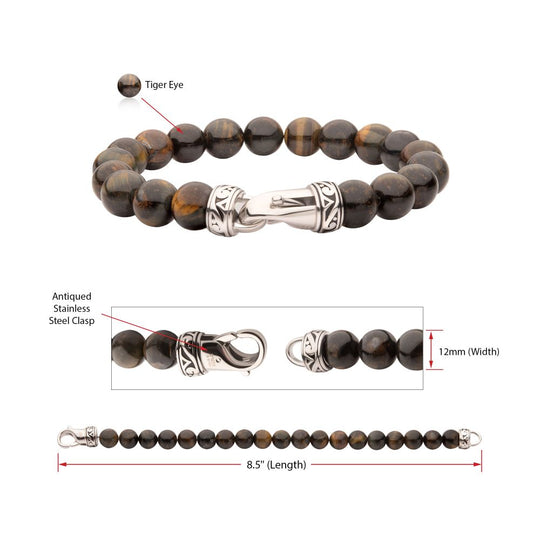 Men’s 10mm Tiger Eye Stone Bead Bracelet with Antiqued Stainless Steel Clasp