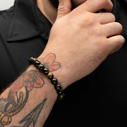 Men’s 10mm Tiger Eye Stone Bead Bracelet with Antiqued Stainless Steel Clasp