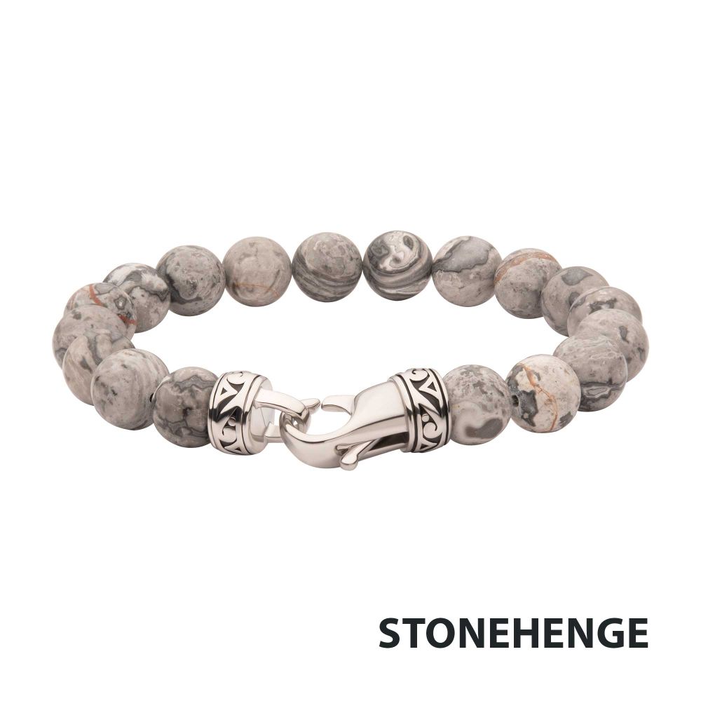 Men’s 10mm Gray Jasper Stone Bead Bracelet with Antiqued Stainless Steel Clasp