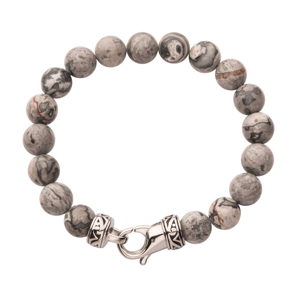 Men’s 10mm Gray Jasper Stone Bead Bracelet with Antiqued Stainless Steel Clasp