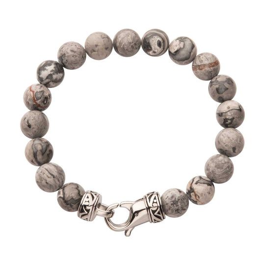 Men’s 10mm Gray Jasper Stone Bead Bracelet with Antiqued Stainless Steel Clasp