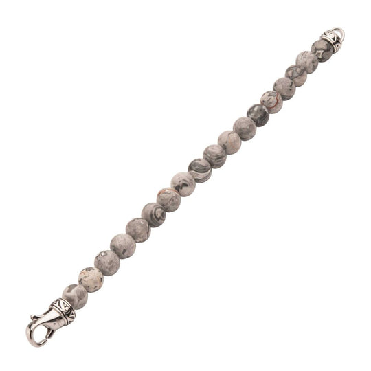 Men’s 10mm Gray Jasper Stone Bead Bracelet with Antiqued Stainless Steel Clasp