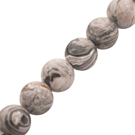 Men’s 10mm Gray Jasper Stone Bead Bracelet with Antiqued Stainless Steel Clasp