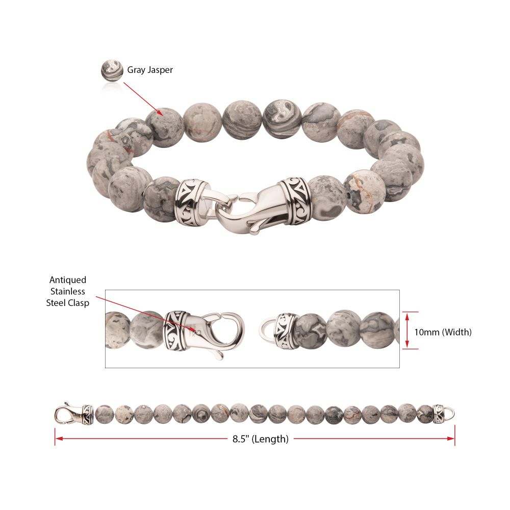 Men’s 10mm Gray Jasper Stone Bead Bracelet with Antiqued Stainless Steel Clasp
