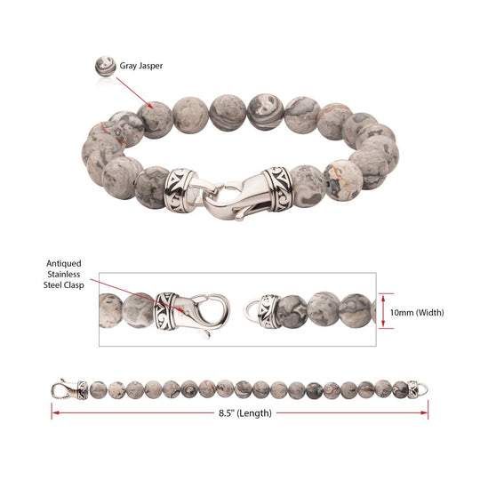 Men’s 10mm Gray Jasper Stone Bead Bracelet with Antiqued Stainless Steel Clasp