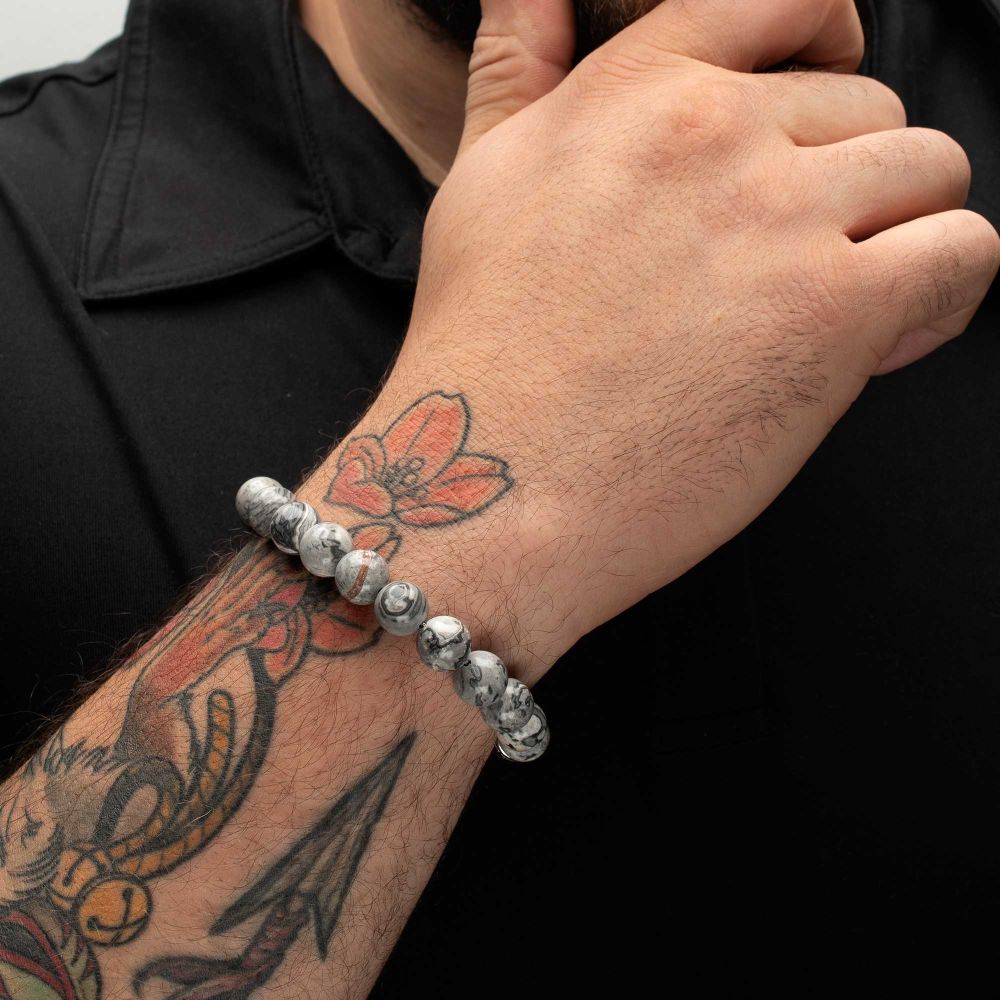 Men’s 10mm Gray Jasper Stone Bead Bracelet with Antiqued Stainless Steel Clasp