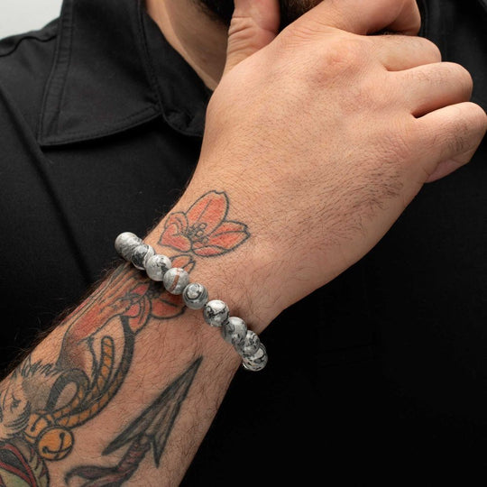 Men’s 10mm Gray Jasper Stone Bead Bracelet with Antiqued Stainless Steel Clasp
