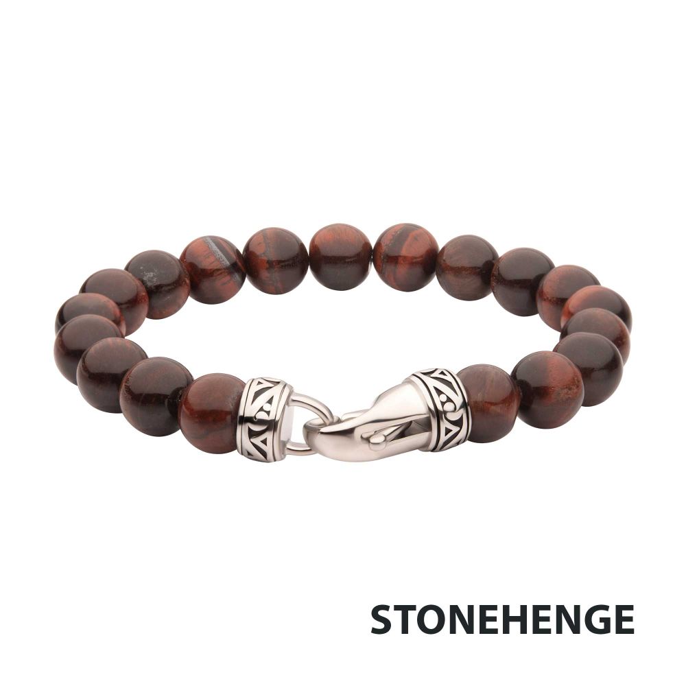 Men’s 10mm Red Tiger Eye Stone Bead Bracelet with Antiqued Stainless Steel Clasp