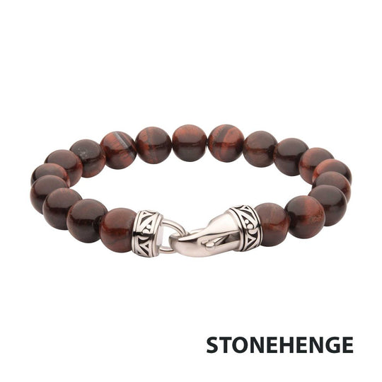 Men’s 10mm Red Tiger Eye Stone Bead Bracelet with Antiqued Stainless Steel Clasp