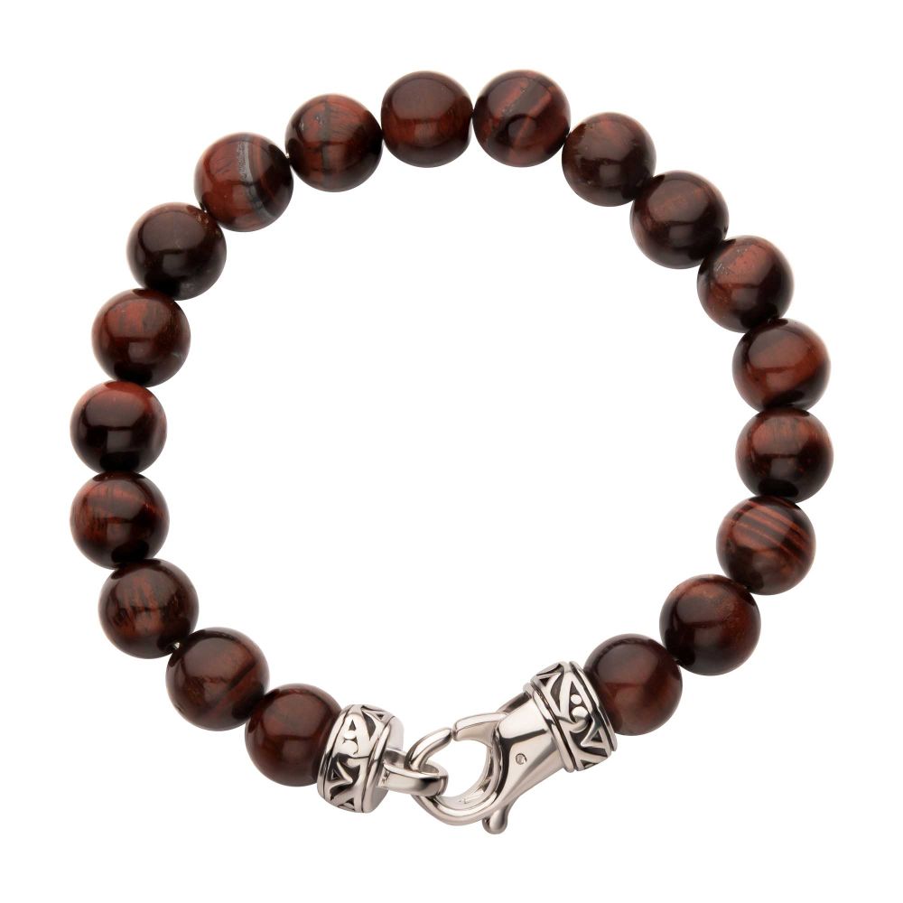 Men’s 10mm Red Tiger Eye Stone Bead Bracelet with Antiqued Stainless Steel Clasp