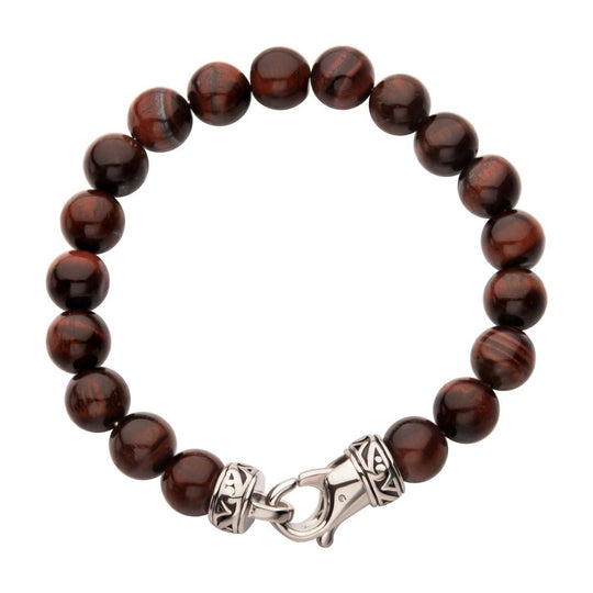 Men’s 10mm Red Tiger Eye Stone Bead Bracelet with Antiqued Stainless Steel Clasp