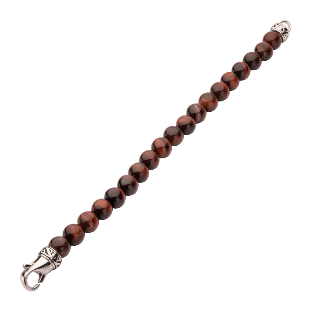 Men’s 10mm Red Tiger Eye Stone Bead Bracelet with Antiqued Stainless Steel Clasp