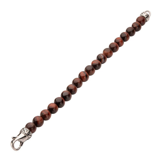 Men’s 10mm Red Tiger Eye Stone Bead Bracelet with Antiqued Stainless Steel Clasp