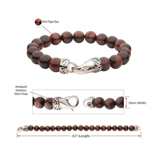Men’s 10mm Red Tiger Eye Stone Bead Bracelet with Antiqued Stainless Steel Clasp