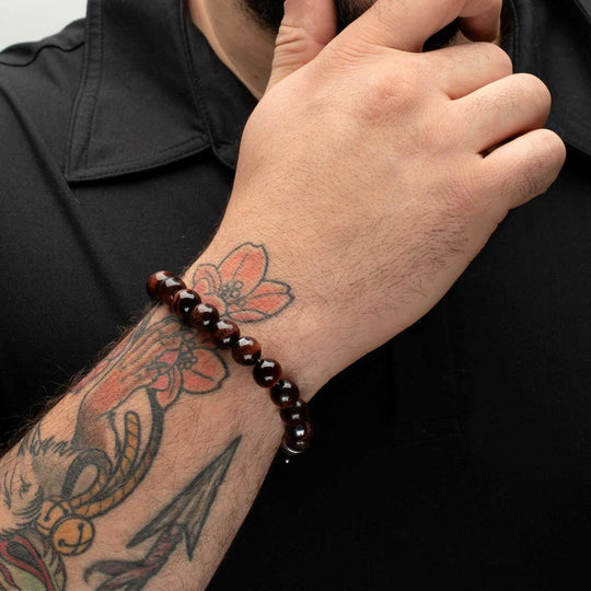 Men’s 10mm Red Tiger Eye Stone Bead Bracelet with Antiqued Stainless Steel Clasp