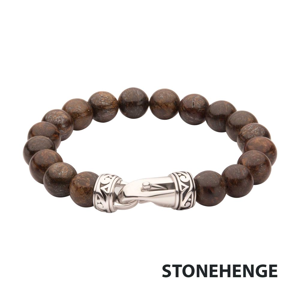 Men’s 10mm Bronzite Stone Bead Bracelet with Antiqued Stainless Steel Clasp