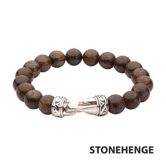 Men’s 10mm Bronzite Stone Bead Bracelet with Antiqued Stainless Steel Clasp
