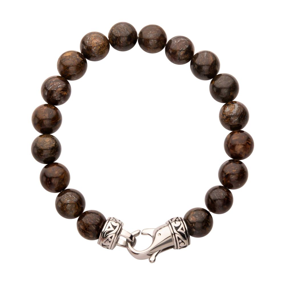 Men’s 10mm Bronzite Stone Bead Bracelet with Antiqued Stainless Steel Clasp