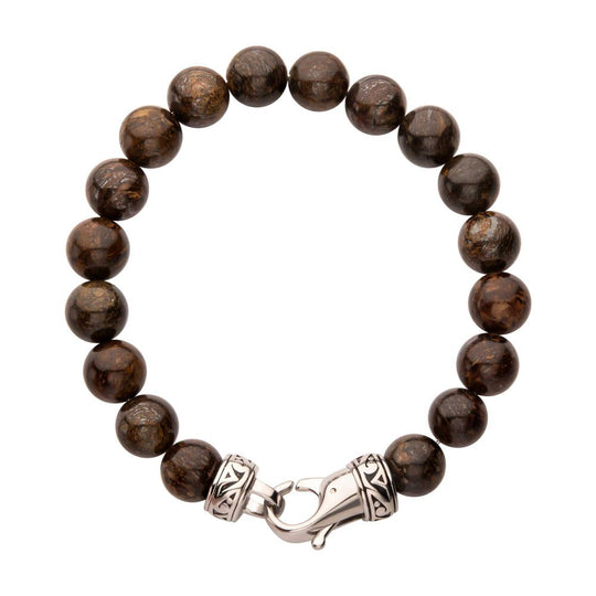 Men’s 10mm Bronzite Stone Bead Bracelet with Antiqued Stainless Steel Clasp