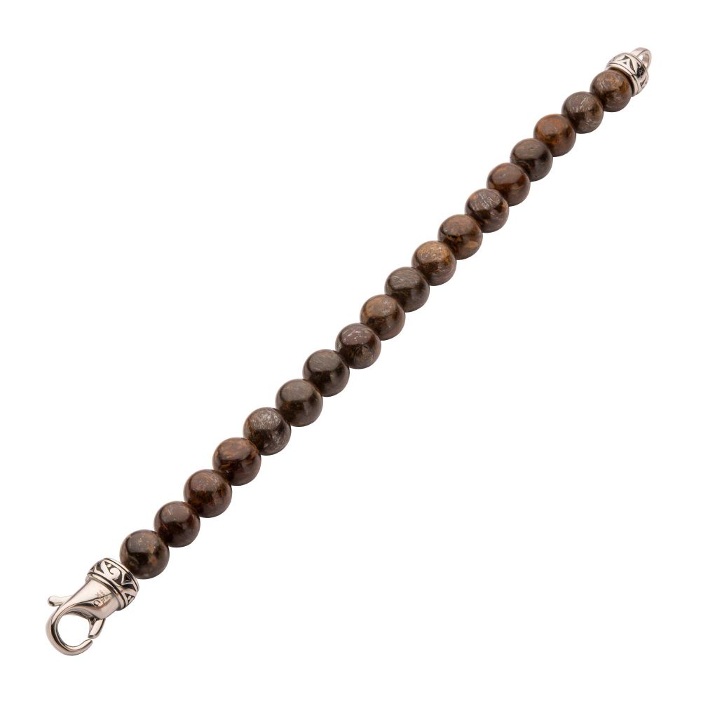 Men’s 10mm Bronzite Stone Bead Bracelet with Antiqued Stainless Steel Clasp