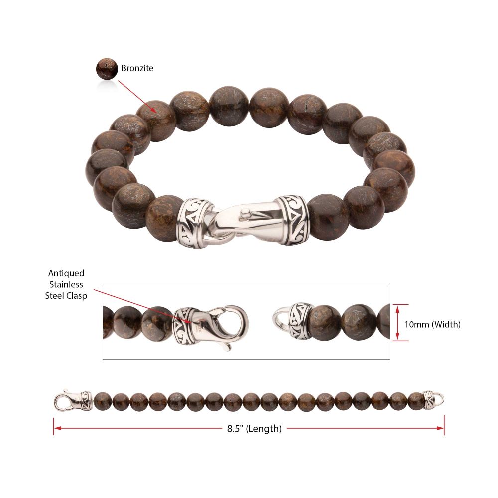 Men’s 10mm Bronzite Stone Bead Bracelet with Antiqued Stainless Steel Clasp