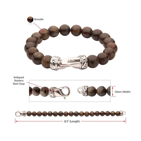 Men’s 10mm Bronzite Stone Bead Bracelet with Antiqued Stainless Steel Clasp