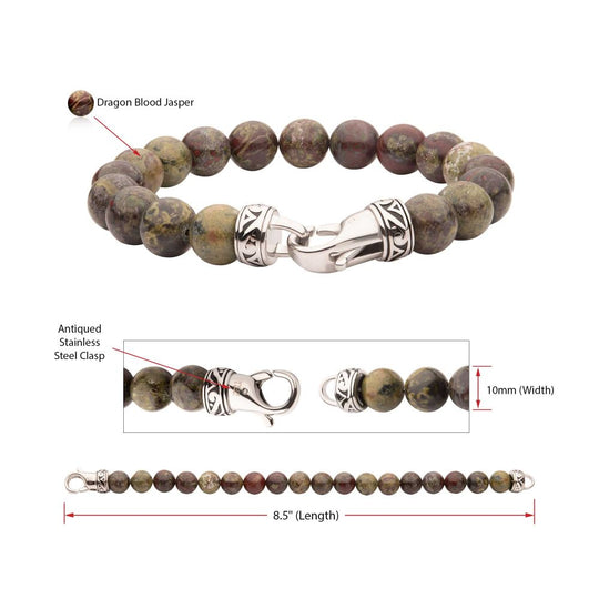Men’s 10mm Dragon Blood Jasper Bead Bracelet | Stainless Steel