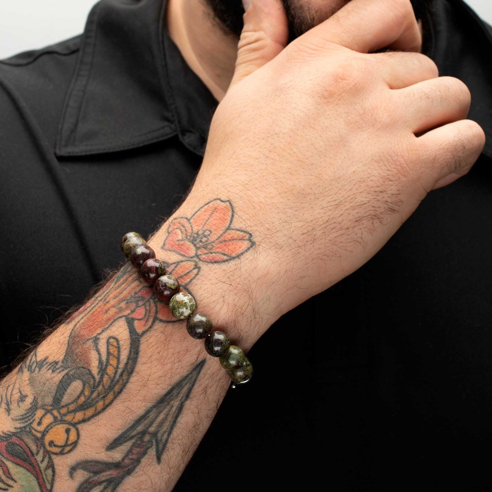 Men’s 10mm Dragon Blood Jasper Bead Bracelet | Stainless Steel