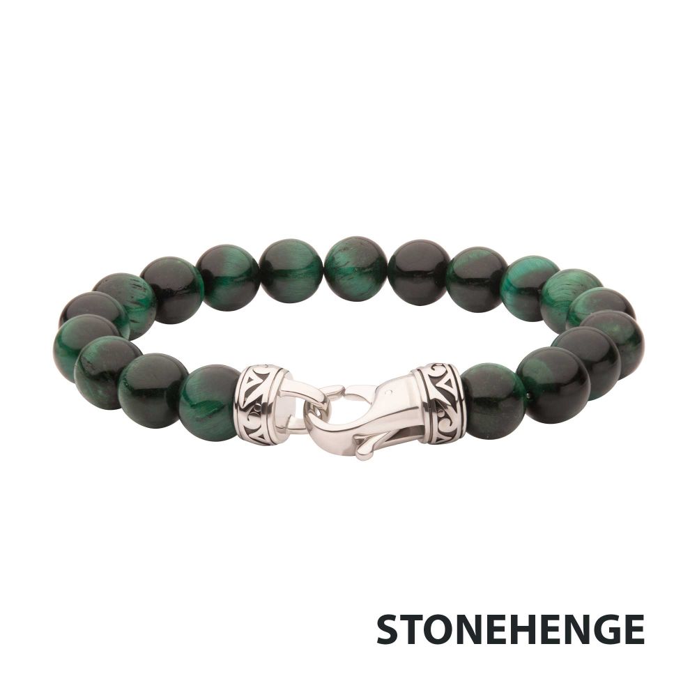 Men’s 10mm Green Tiger Eye Bead Bracelet | Stainless Steel